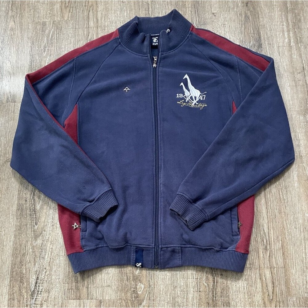 Lrg Equipment Heritage Mens Full Zip 1947 Giraffe Print  Sweater  Blue Red 2XL